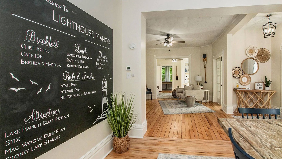 Ludington House | A block from the beach! Sleeps 20! Hot Tub, Game Room!