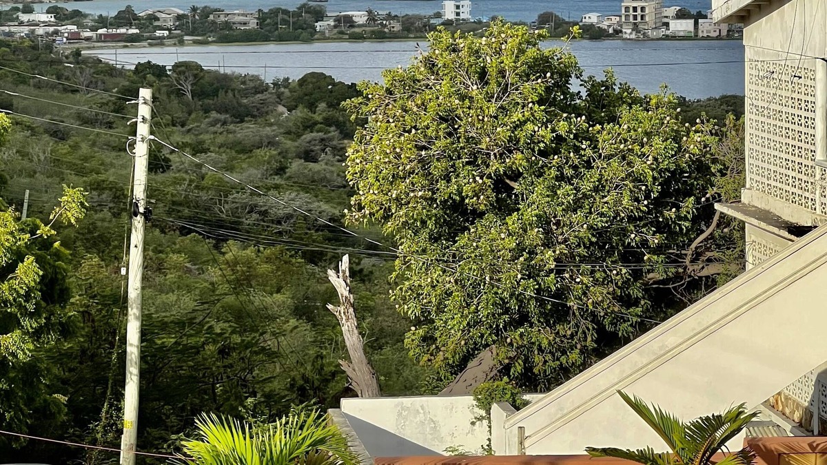 The Valley Apartment | A colored beacon sitting on the hill side road that leads into Sandy Ground,
