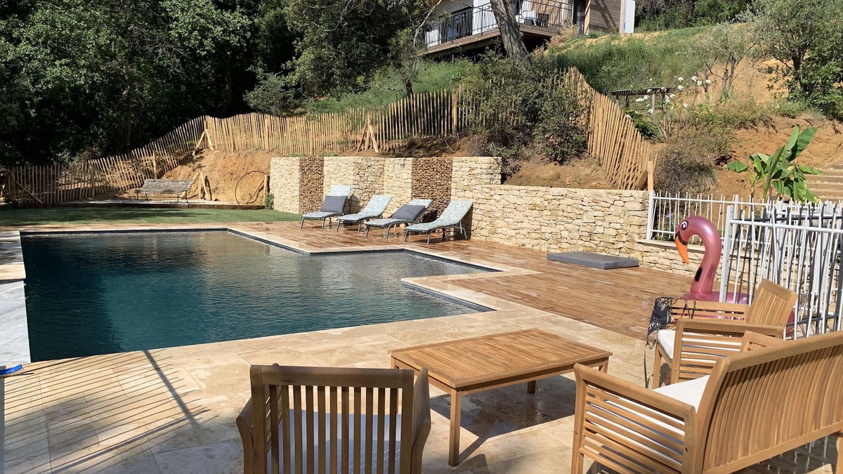 Saint-Marcel-d'Aredeche House | Air-conditioned wooden gîte on stilts with heated swimming pool, animals accepted