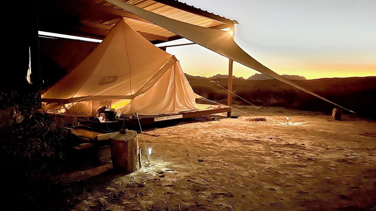 Alpine RV Rental | Amazing cozy, rustic open air Glamp tent under shade with WiFi, walk in fire pit