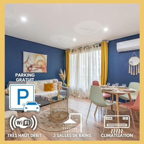 Estanove Apartment | AMJA Proche clinique Saint-Roch apt 3 chambres 3 salles de bain parking gratuit idéal famille groupe coworking 10 min centre ville 10 min plage 5 min sortie autoroute