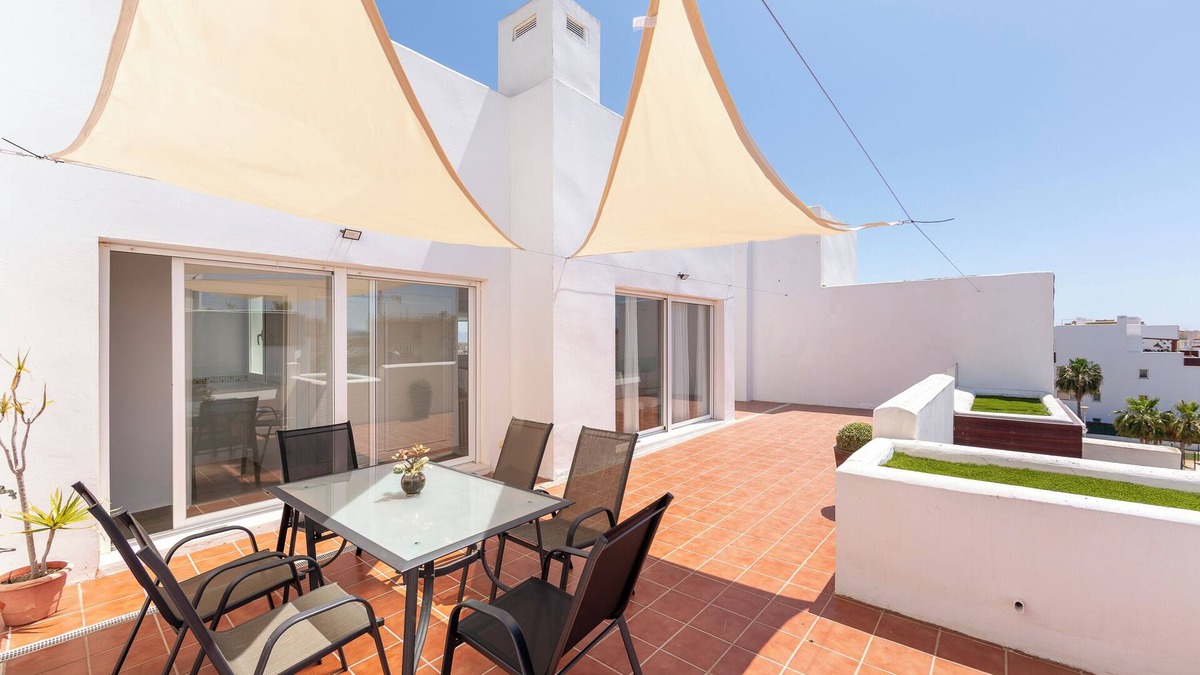 Retamar Apartment | Apartment 'Ático Nuevo Con Piscina' with Sea View, Shared Pool and Air Conditioning