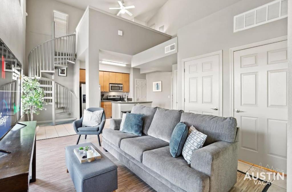West Campus Apartment | Balcony Skyline View Spiral Staircase Near UT