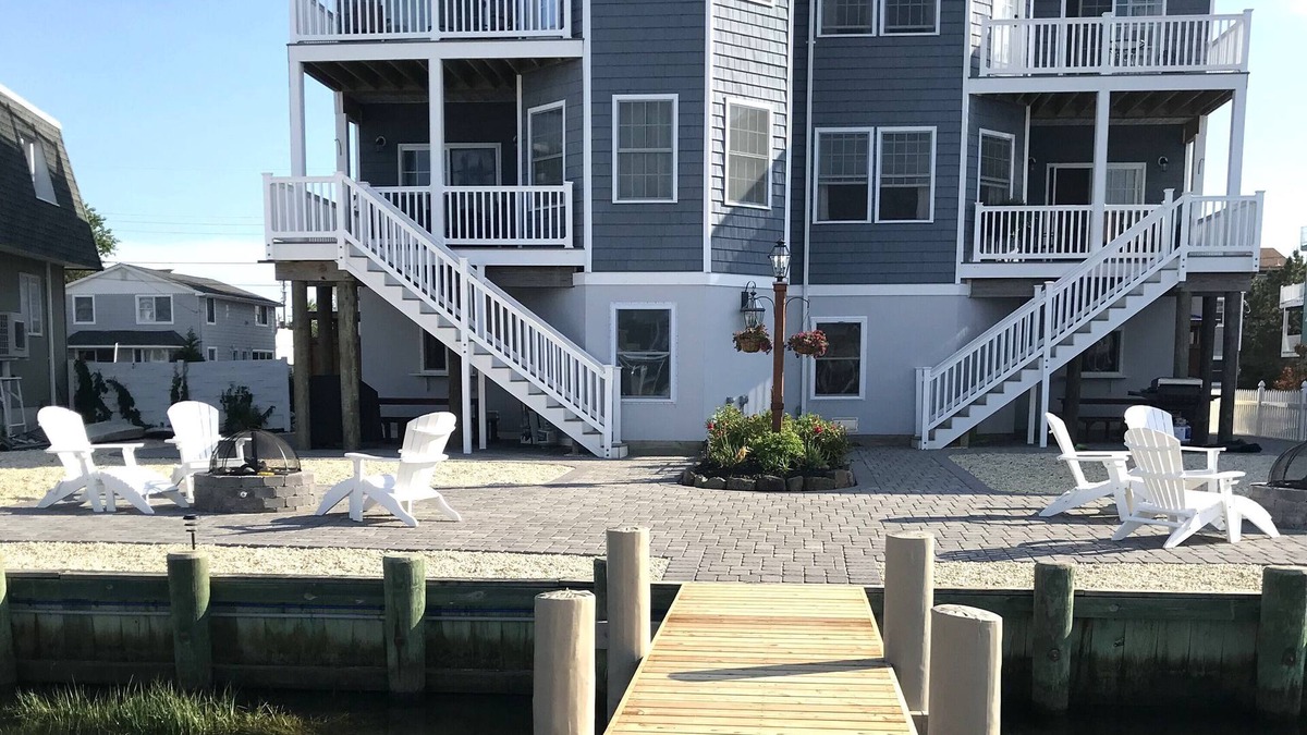 Peahala Park House | Bayfront with dock, waters edge fire pit, Beach Haven Park, Long Beach Island.