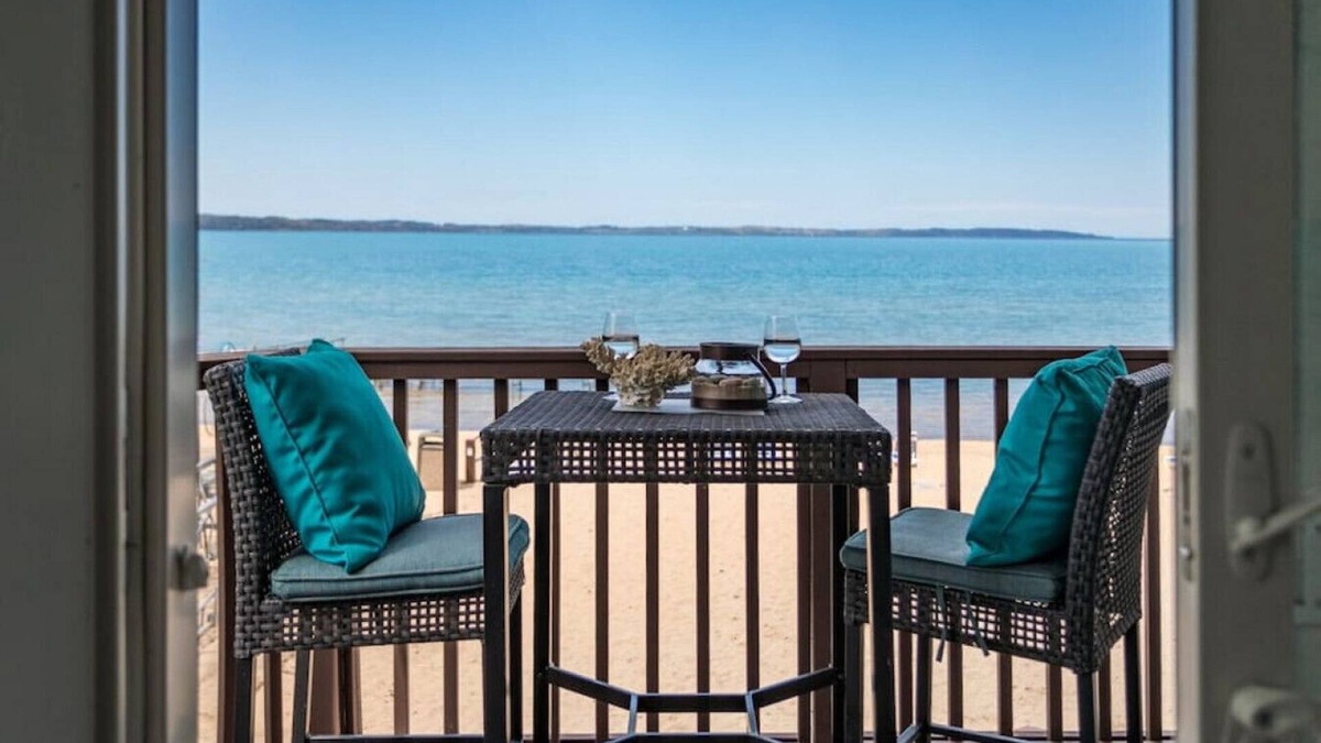 Traverse City Condo | Beach Bliss 211 Balcony Water Views Beach Downtown