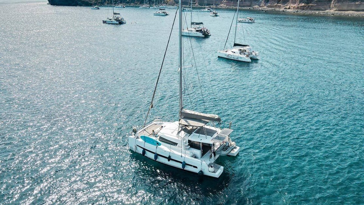 Vlychada Boat Rental | Boat 'Catamaran B-happy Bali' with Sea View and Air Conditioning