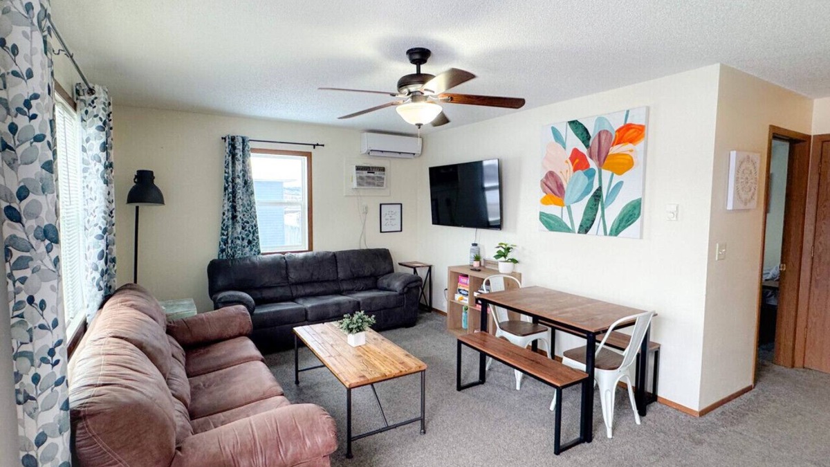 Spearfish Apartment | Bright, King Beds, Patio, Laundry, Walk to Downtown!