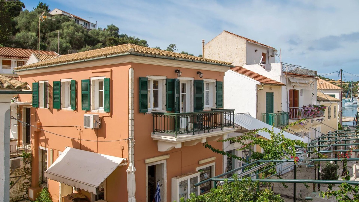 Lakka House | Charming Lakka Retreat: Angelina Apartment with A/C and Central Square Balcony