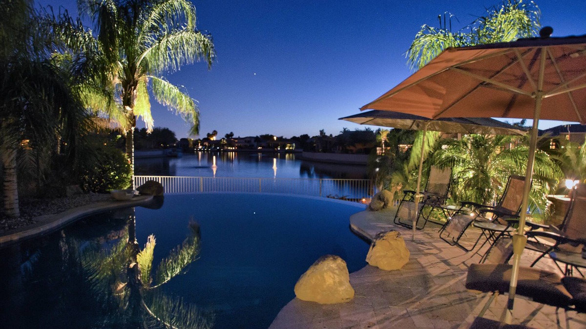 Arrowhead Lakes House | Desert Lakehouse Oasis:Heated pool, heated spa, & pontoon boat use included.