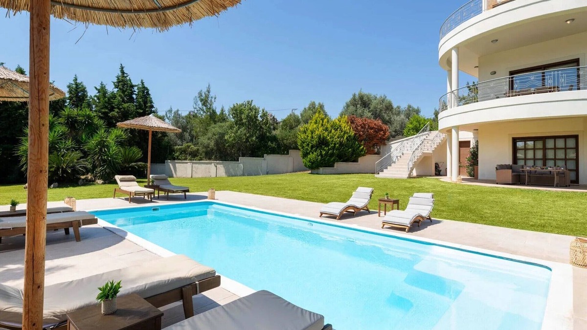 Asgourou Villa | Elegant Rhodes Villa | Villa Themis | 5 Bedrooms | Private Pool | Furnished Terrace | Modern Design and Stylish Amenities | Parking Area | Koskinou