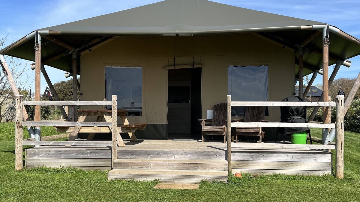Les Arquets Cabin | Family friendly glamping tents: sleep 6, stunning sea and rural views