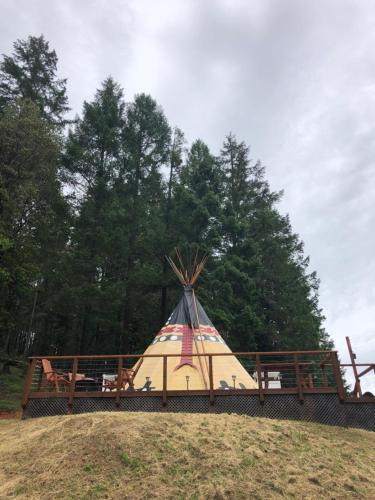 Leland Other | Indulge in the ultimate Glamping experience with our Luxury Tipi packages featuring four unique sites with private decks, indoor and outdoor fire pits, and exclusive access to 155 acres of private hiking trails