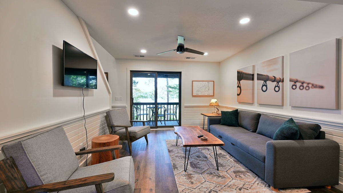 Webb Lake Condo | Lakeside Fishing Bear Condo: Beach, Sauna, Club Room, Private Balcony