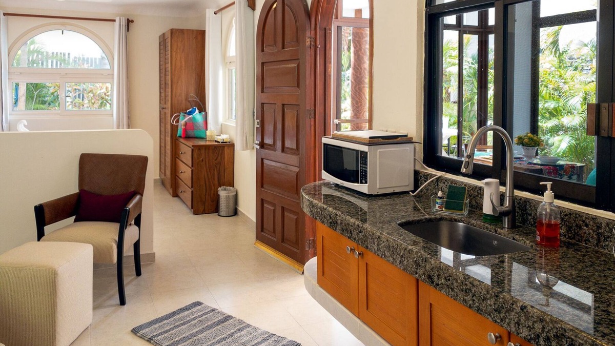 Puerto Morelos Apartment | Large studio with king bed, full kitchen, sofa bed. Half wall separating.