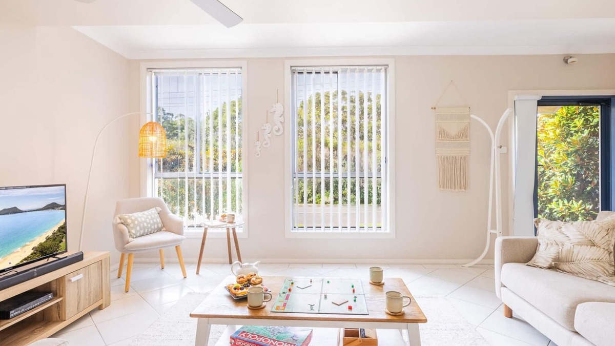 Fingal Bay House | Magnolias, 6 Marine Dr - air con, linen and Wi-Fi