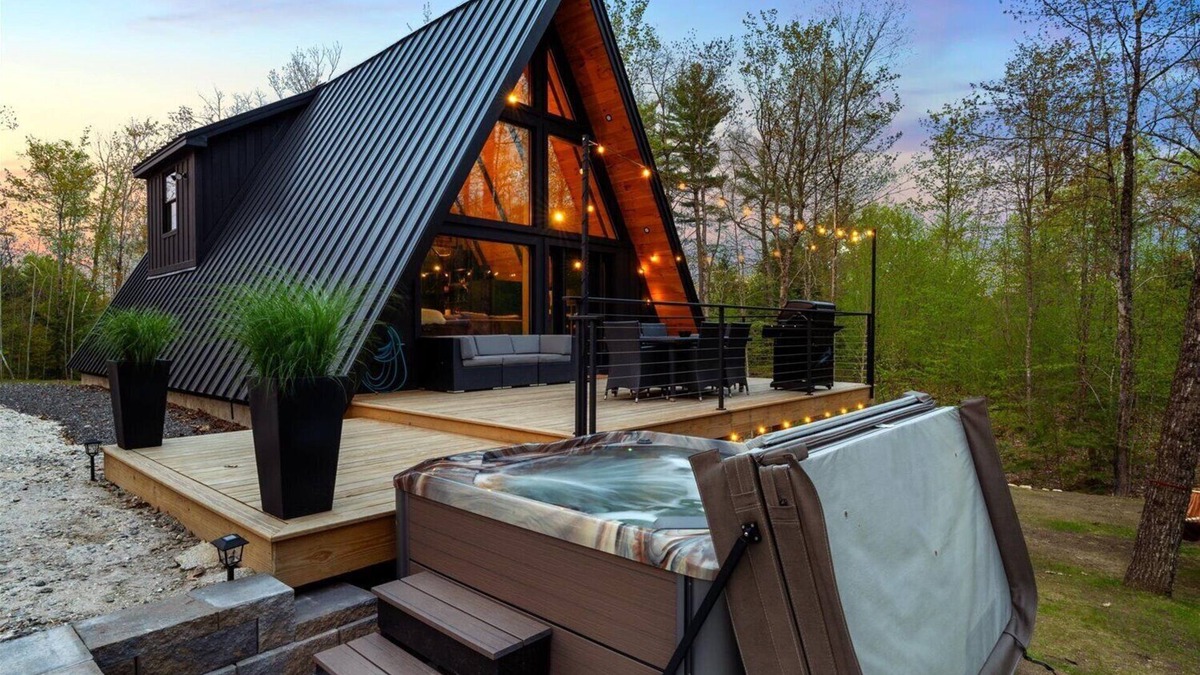 Sebago House | Modern A-frame house with hot tub and fire pit. Very private!