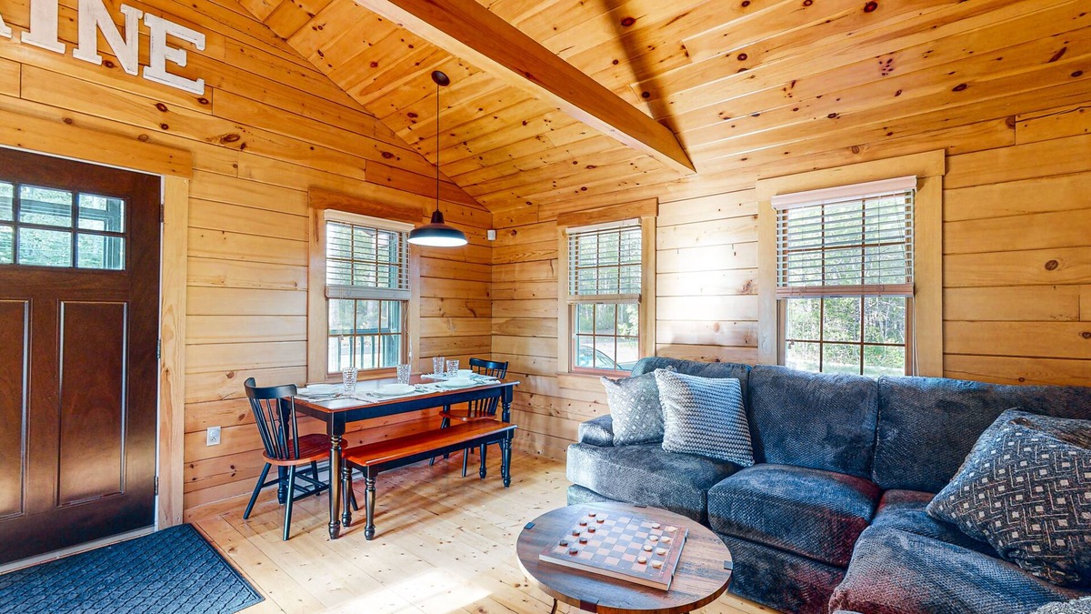 Lincolnville Cabin | Modern log cabin with patio, grill, and washer/dryer