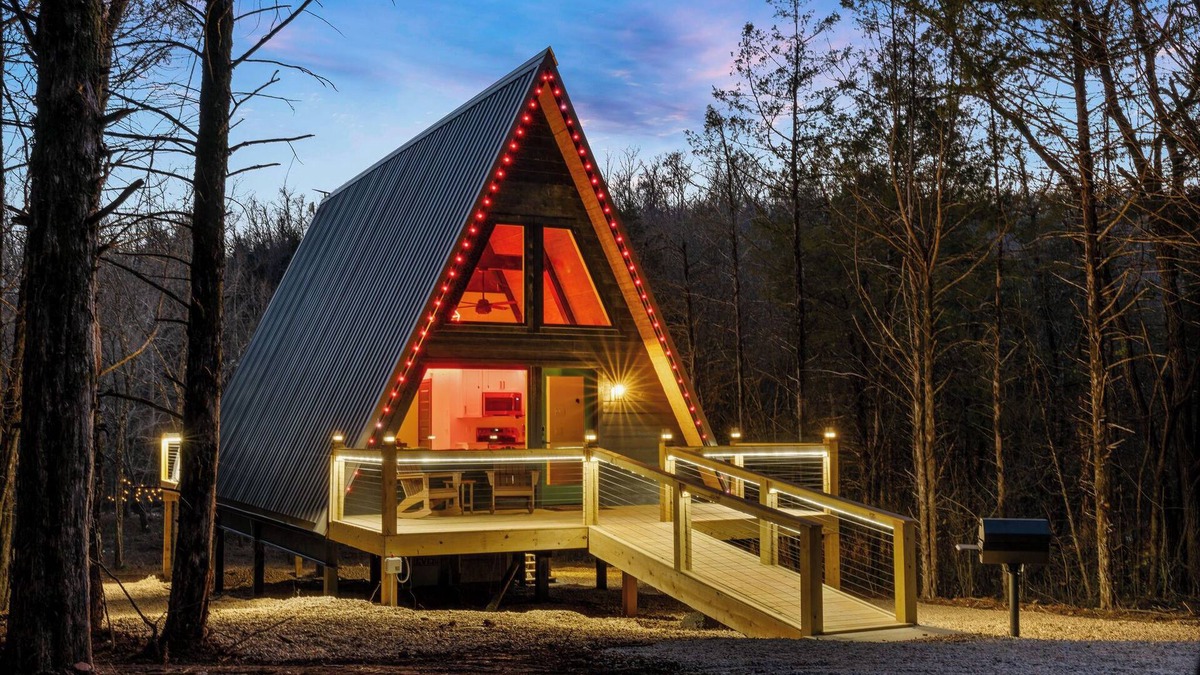 Omaha Cabin | NEW! 2-bedroom A-frame Cabin with Sauna, Hot Tub, & Creekfront