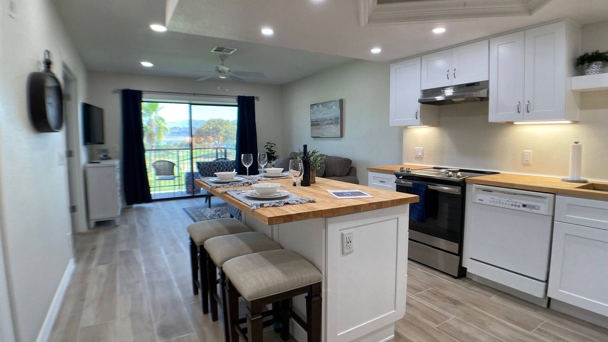 Lake Havasu City Condo | NEW! Modern Condo in Queens Bay with Amazing Views.