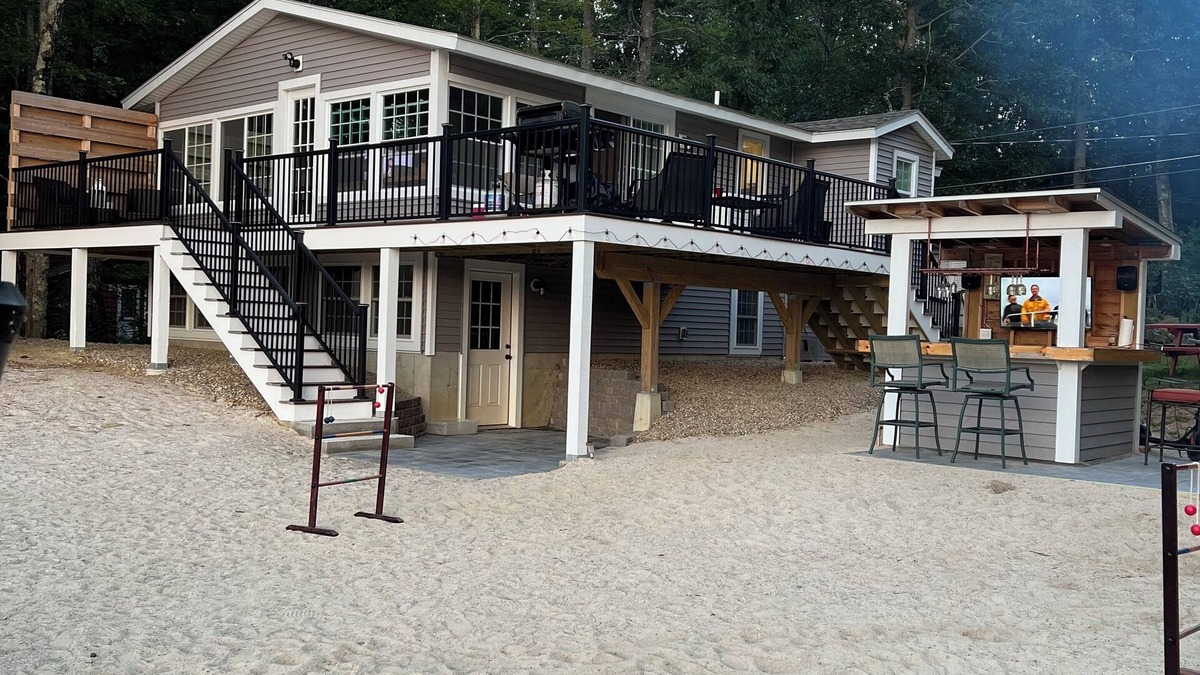 Barnstead House | Peaceful Lakefront Retreat w/Private Beach, Outdoor Bar & Home Theater
