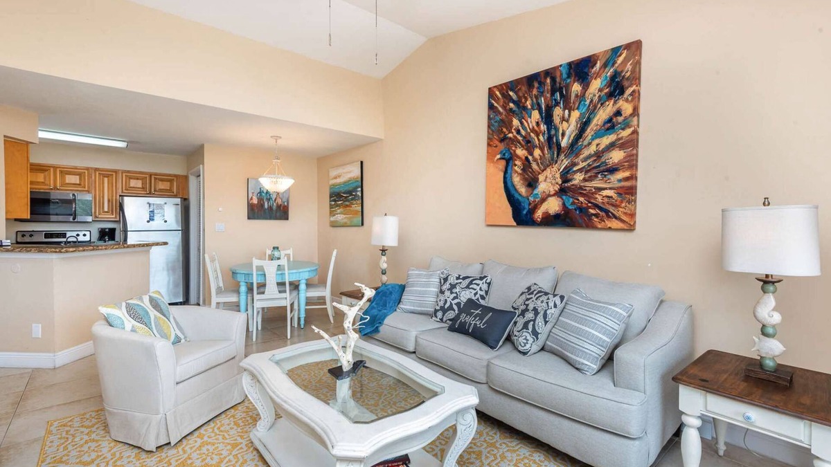 Ocean Side Village Condo | Peacock · Bright Beachy King Bed Condo · Half Mile to Beach