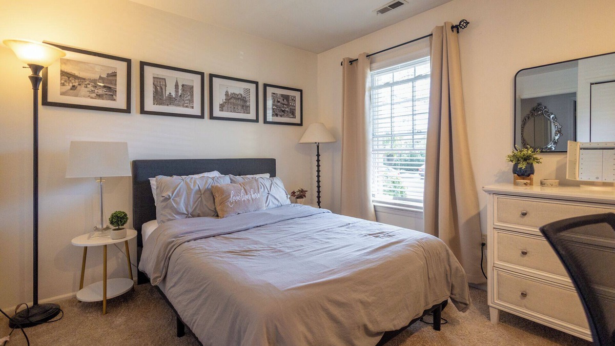 Mount Laurel Condo | Private Bedroom with Bathroom