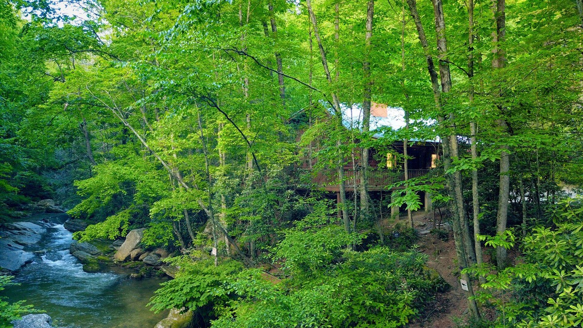 Millers Creek Cabin | Riverfront Log Cabin w/Private Waterfall, Firepit & Panoramic Deck