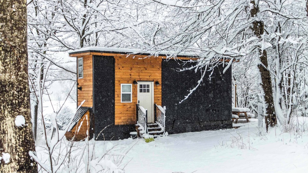 Johnson House | Riverside Tiny House with hot tub near Stowe