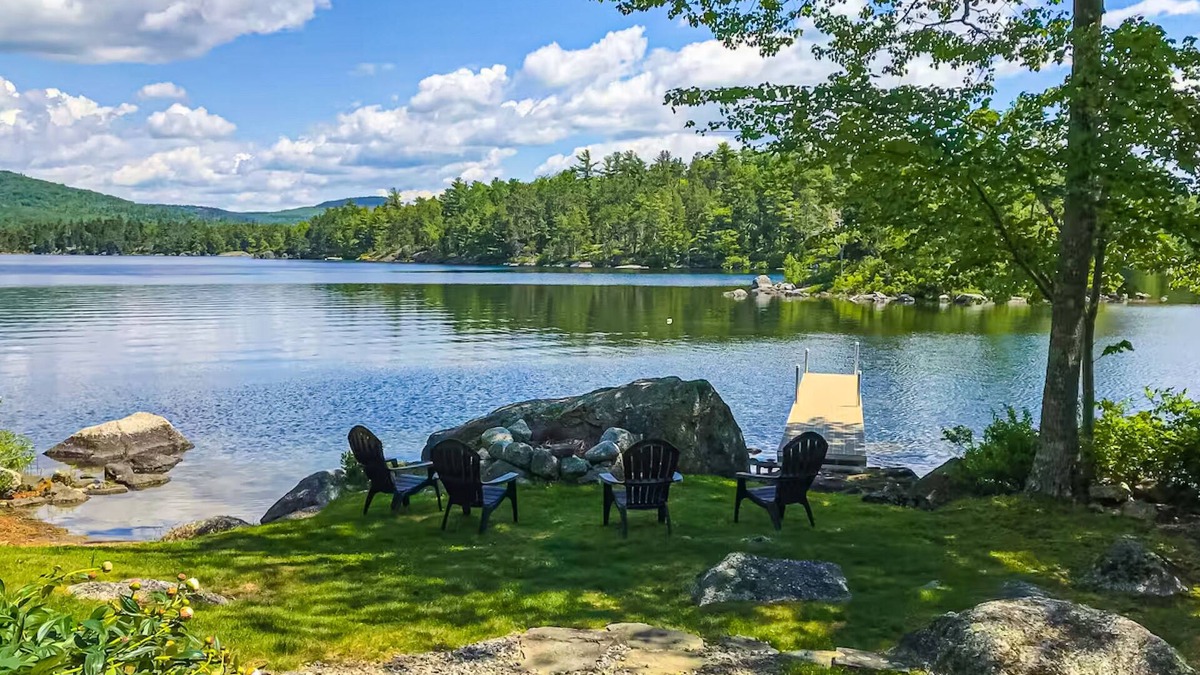 Lucerne-in-Maine House | Spacious Lakefront Home with a Sandy Beach, Kayaks, and Stunning Panoramic Views