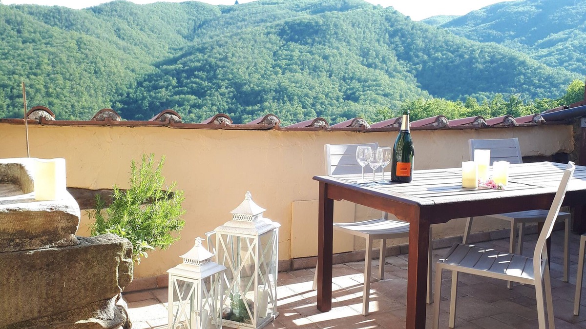 Boveglio Apartment | Stone Rustico with garden in an ancient village in Tuscany. View on ancient Pieve