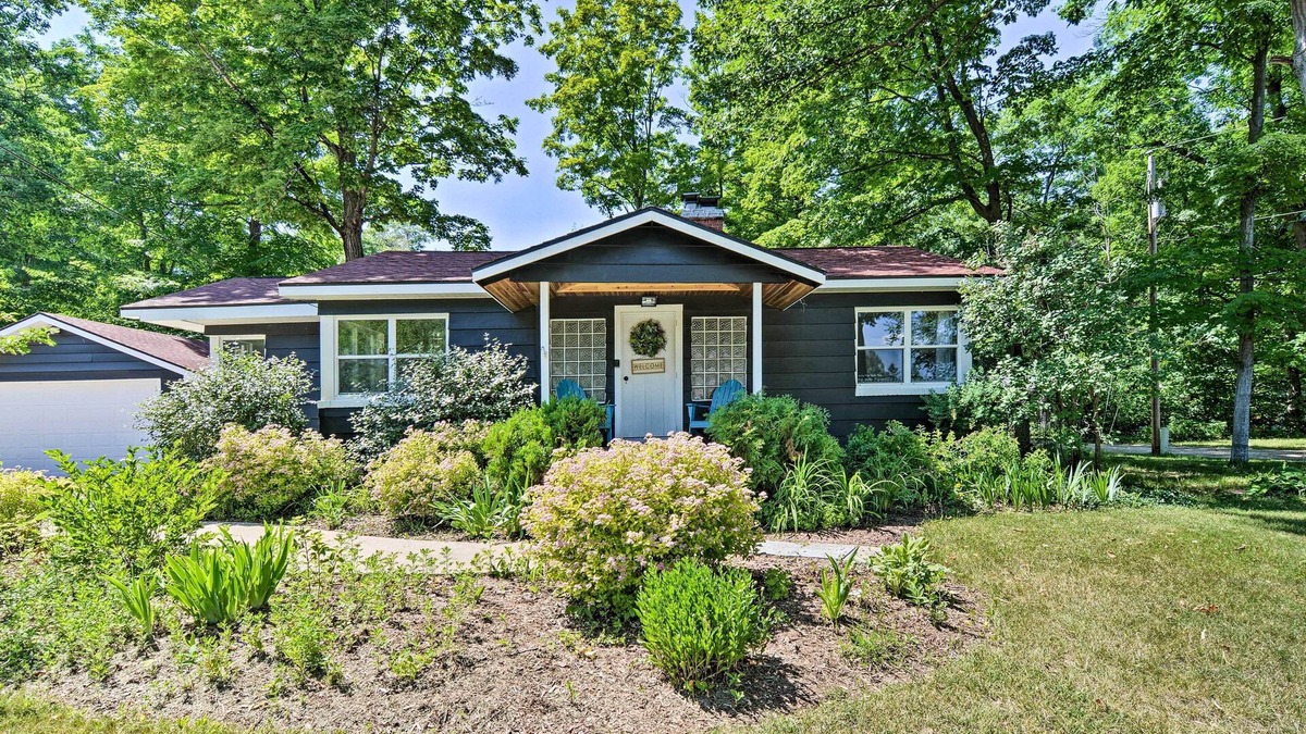 Elk Rapids Cottage | Stylish Dog-Friendly Bungalow: Steps to Elk Lake