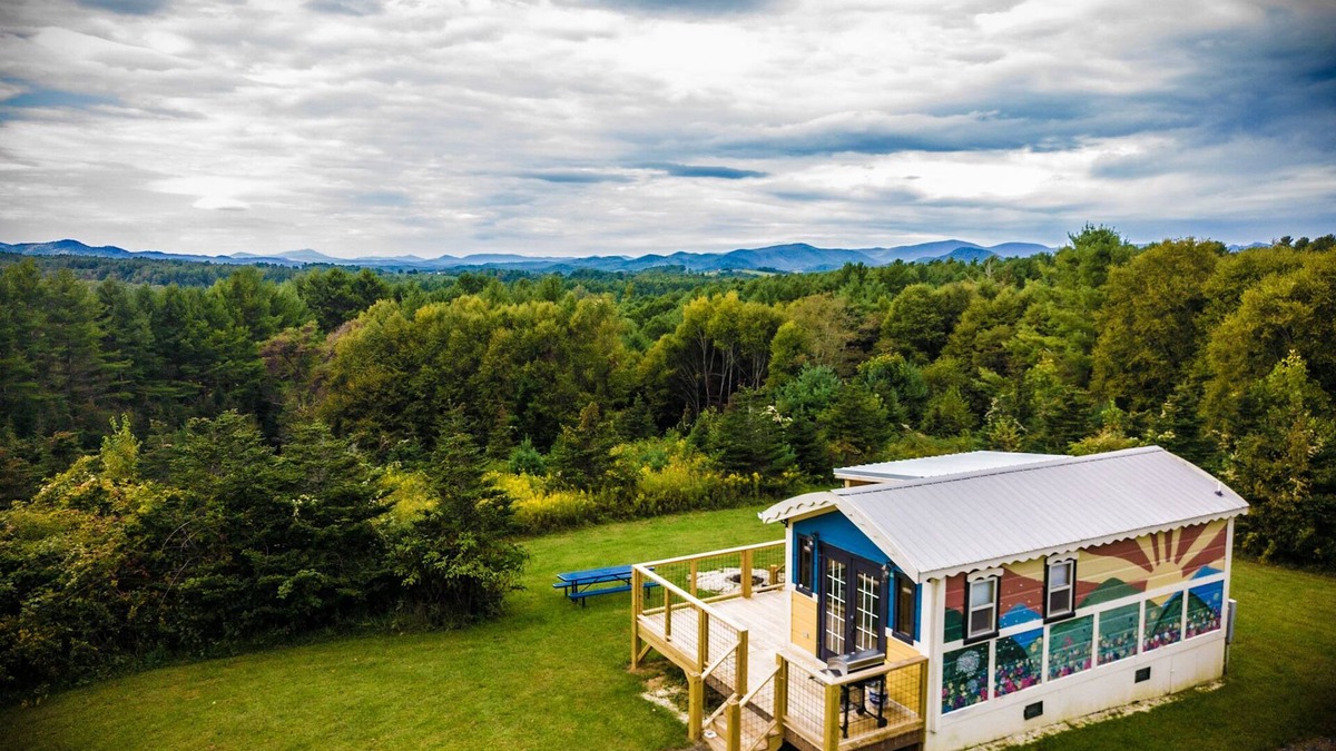 Ashe County Cabin | Tiny, charming mountaintop cottage with large firepit, deck and amazing views