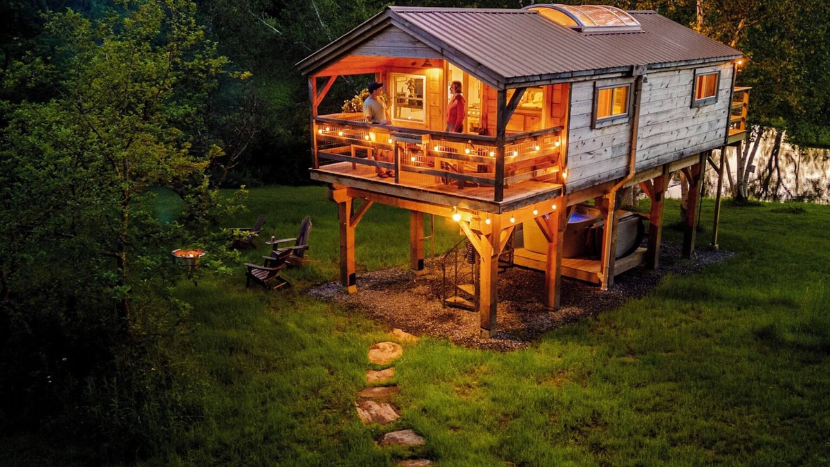 South Londonderry Cabin | Treehouse lifted up over a stocked trout pond up in the beautiful birch trees!