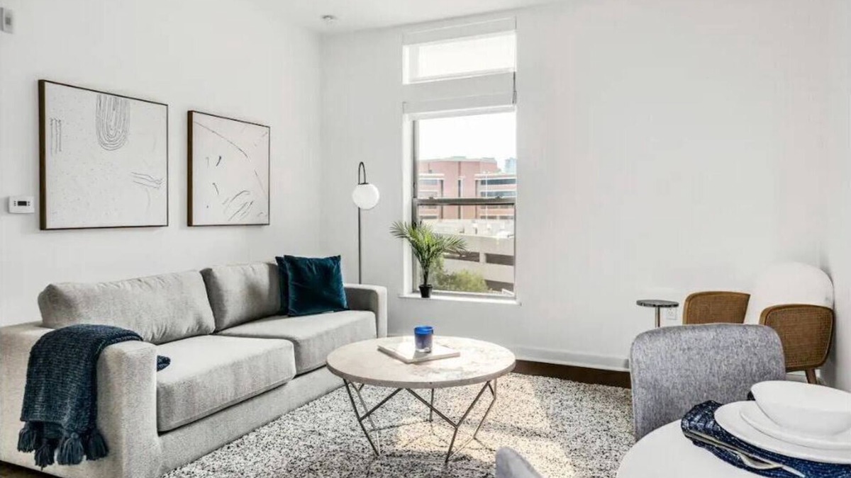 McLean Apartment | "Tysons' Blue-Gray Haven Stylish 2BR with Amenities + Huddle Rooms + Pool/Gym
