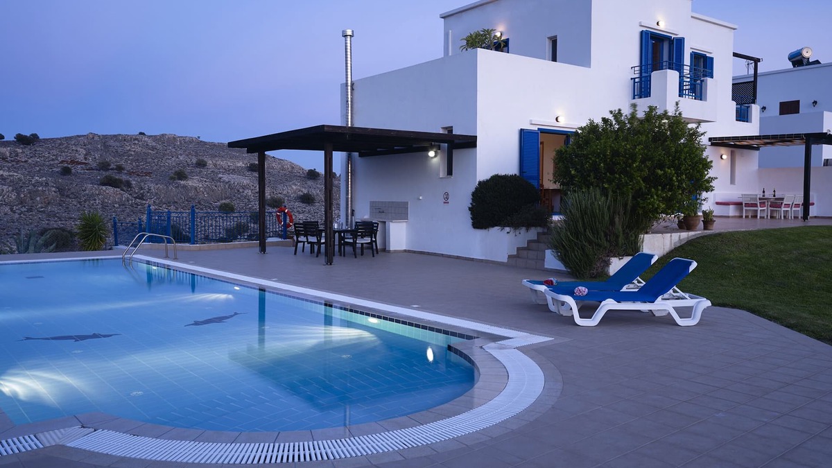 Pefkos Villa | Villa for six. Large pool, sea views, lawned gardens. Near beach and amenities.