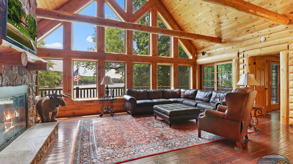 Whitewater House | Waterfront, Hand-Crafted Log Cabin |Sandy Beach |Dock |5200 Sq Ft |3.5 Acres |Stone Fireplace |Views