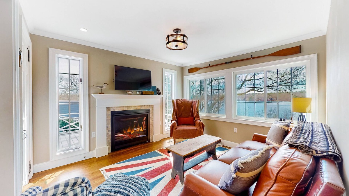West Wareham House | Waterfront home with private beach & dock, water views, deck, & fireplace