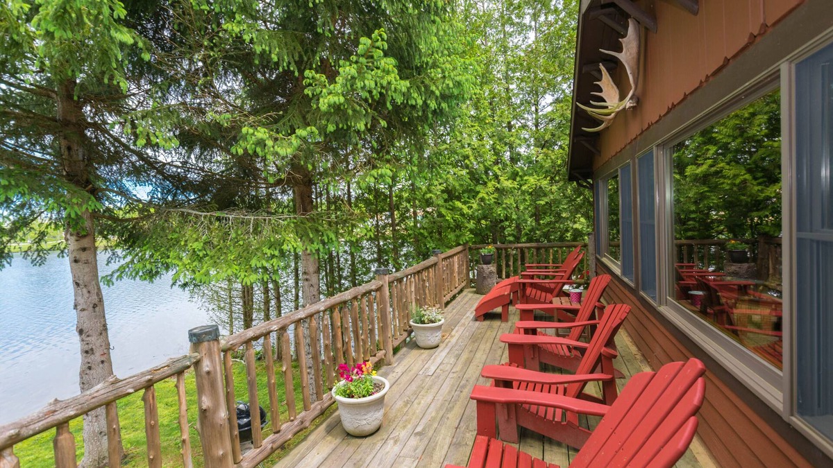 Saranac Lake Cabin | Waterfront Moose Cabin on Lake Colby, Saranac Lake, Deck overlooking Lake Colby