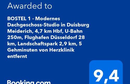 Mittelmeiderich Apartment | BOSTEL 1 - Modernes Dachgeschoss-Studio in Duisburg Meiderich, 4,7 km Hbf, U-Bahn 250m, Flughafen Düsseldorf 28 km, Landschaftspark 2,9 km, 5 Gehminuten von Herzklinik entfernt