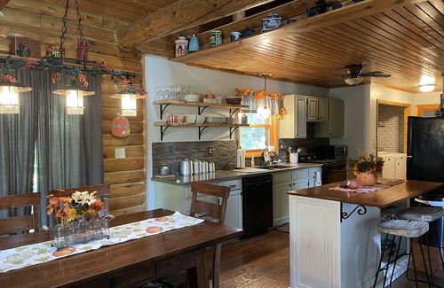 Sheridan Cabin | Dog-Friendly Log Home On Fox River IL Near Starved Rock, Porch, Deck, Firepit