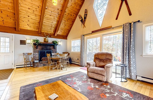 Lake Arrowhead House | Lakefront dog-friendly home with dock, waterfront deck, wood fireplace, & W/D