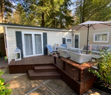 Bosgebied Hoenderloo Ski Chalet | Luxe Chalet met prachtig terras op de Veluwe , veel privacy