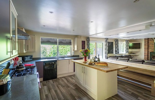 Farley Cabin | Norbury; woodland lodge for 12 with hot tub, log burner, BBQ, near Alton Towers.