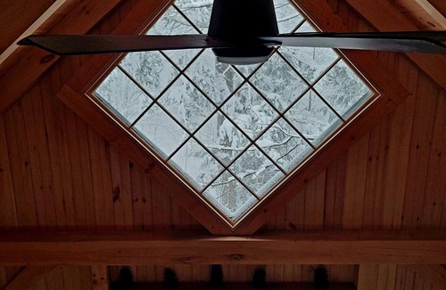 Craftsbury Cabin | Northwoods Guest Cabin and firepit & porch overlooking private woods and stream