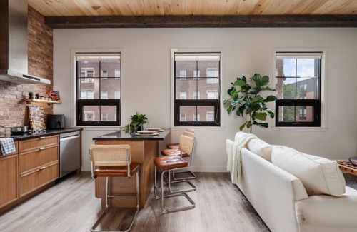 Irving Park Apartment | Pine Beam Sloth Apartment next to Blue Line