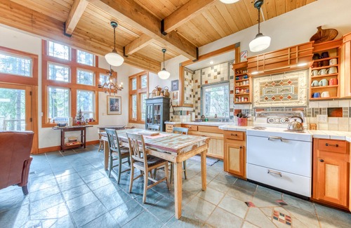 Mount Hood Village Cabin | Riverfront home close to skiing & fishing with beach access & huge VHS library