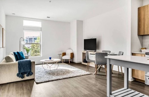McLean Apartment | "Tysons' Blue-Gray Haven Stylish 2BR with Amenities + Huddle Rooms + Pool/Gym