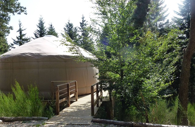 1 contemporary comfortable yurt located in a wood terrace with a view.