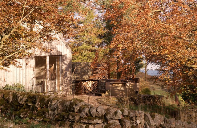 Architect-designed cabin in the hills near Edinburgh. Wood-fired hot tub.