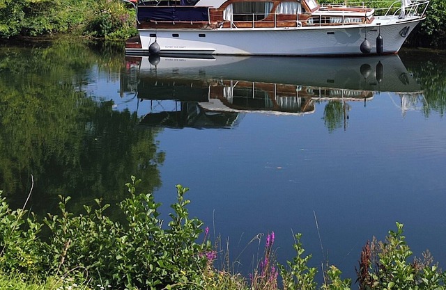 Atypical and cozy moored dutch boat on the Somme river
